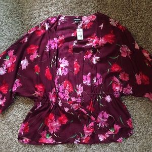 Burgundy floral tie front kimono style cardigan